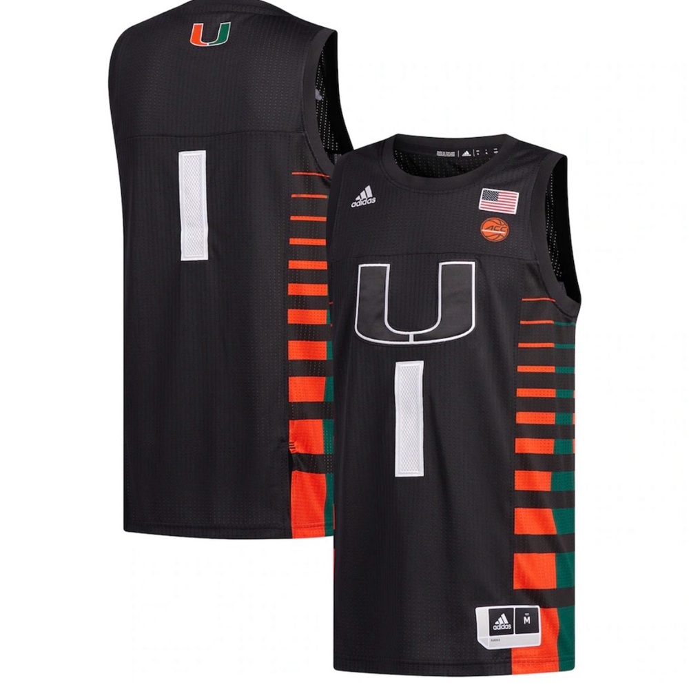 adidas Black Miami Hurricanes Basketball Jersey with Orange & Green Accents